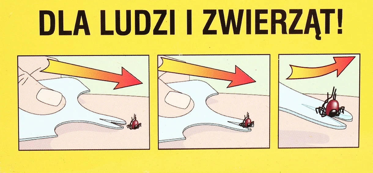 Ilustracja instruktażowa pokazująca krok po kroku usuwanie kleszcza plastikowym przyrządem; napis „Dla ludzi i zwierząt!”.