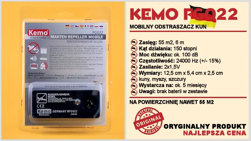 Mobilny odstraszacz kun Kemo FG022 w opakowaniu, obok infografika: zasięg 55 m², kąt 150°, moc 100 dB, 24 000 Hz, zasilanie 2×1,5 V, czas działania ok. 5 miesięcy.