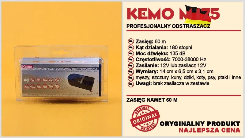 Profesjonalny odstraszacz Kemo M175 w opakowaniu blistrowym, obok infografika z parametrami: zasięg 60 m, moc 135 dB, pasmo 7000–38000 Hz, zasilanie 12 V.