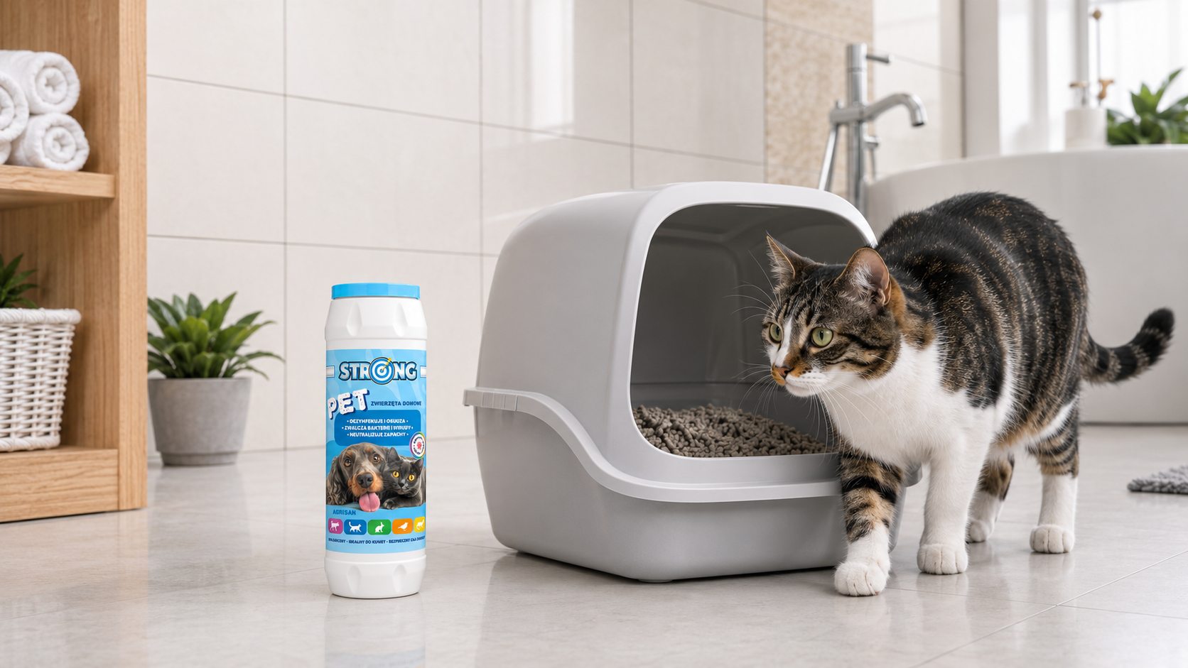 Kot przy kuwecie ze żwirkiem i preparatem STRONG PET 500 g do higieny oraz neutralizacji zapachów