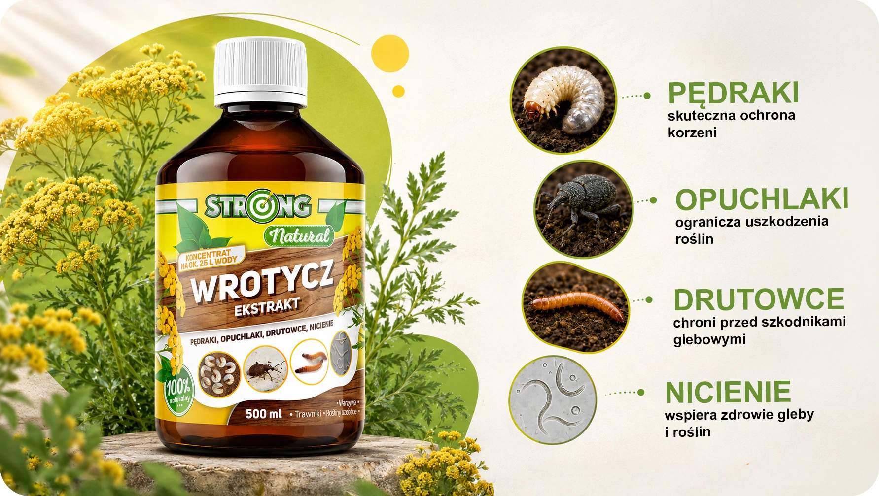 Strong Natural Wrotycz Ekstrakt 500 ml z informacją o ochronie przed pędrakami, opuchlakami, drutowcami i nicieniami