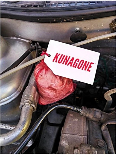 Odstraszacz kun Kunagone zamontowany w komorze silnika samochodu – woreczek zapachowy chroniący instalację przed szkodami wyrządzanymi przez kuny.
