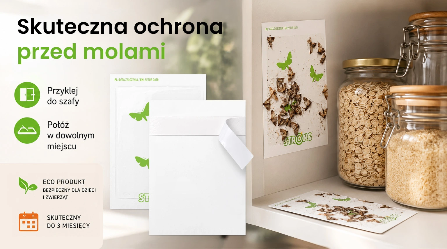 Skuteczna ochrona przed molami. Lep Strong można przykleić do szafy lub położyć w dowolnym miejscu. Eco produkt bezpieczny dla dzieci i zwierząt, skuteczny do 3 miesięcy.