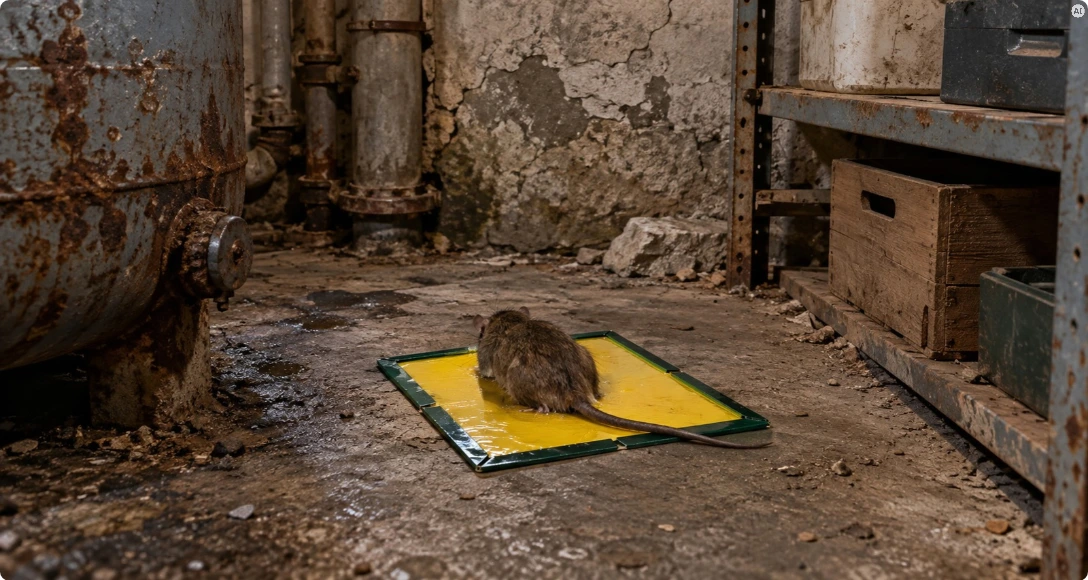 szczur przyklejony do żółtej pułapki lepowej na betonowej podłodze zaniedbanej piwnicy, widok od tyłu