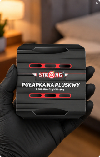pułapka na pluskwy STRONG z substancją wabiącą trzymana w dłoni w czarnej rękawiczce na tle sypialni