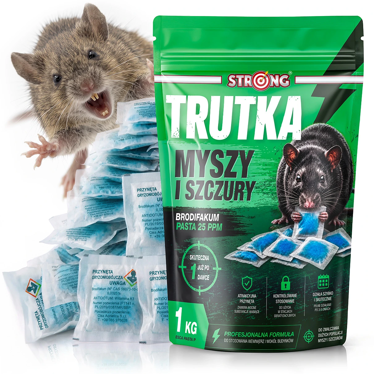 Trutka na myszy i szczury STRONG 1 kg – pasta z brodifakum w saszetkach
