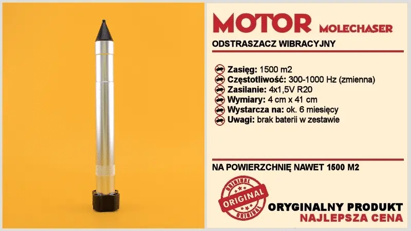 Wibracyjny odstraszacz gryzoni Motor Molechaser w formie metalowego szpikulca, na pomarańczowym tle; obok dane techniczne i promocyjne.