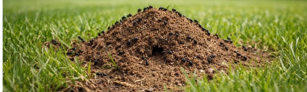 Kopiec mrówek na trawniku – mrowisko z aktywnymi mrówkami niszczącymi murawę w ogrodzie.