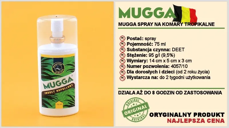 Spray Mugga na komary tropikalne, 75 ml, z DEET 9,5%, dla dorosłych i dzieci od 2 lat, działa do 8 godzin.