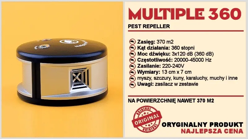 Odstraszacz ultradźwiękowy Multiple 360 w kolorze czarno-srebrnym, na pomarańczowym tle; obok opis parametrów technicznych i zakresu działania.