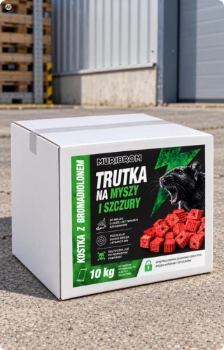 Białe opakowanie trutki Muribrom na myszy i szczury, kostka z bromadiolonem 10 kg, z czarno-zieloną etykietą.
