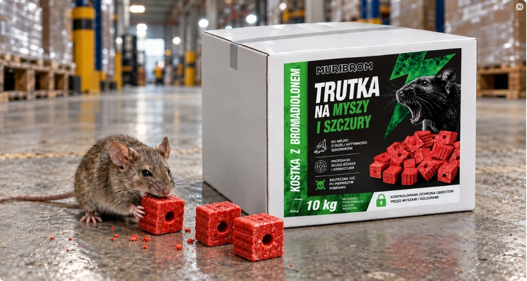 Mysz zjada czerwoną kostkę trutki Muribrom na podłodze magazynu, obok opakowania produktu 10 kg.