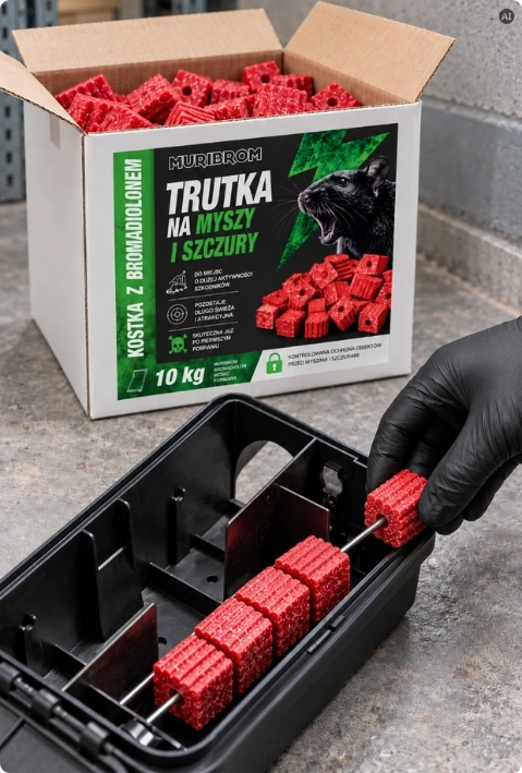 Dłoń w czarnej rękawicy umieszcza czerwoną kostkę trutki Muribrom w stacji deratyzacyjnej, obok otwartego opakowania 10 kg.