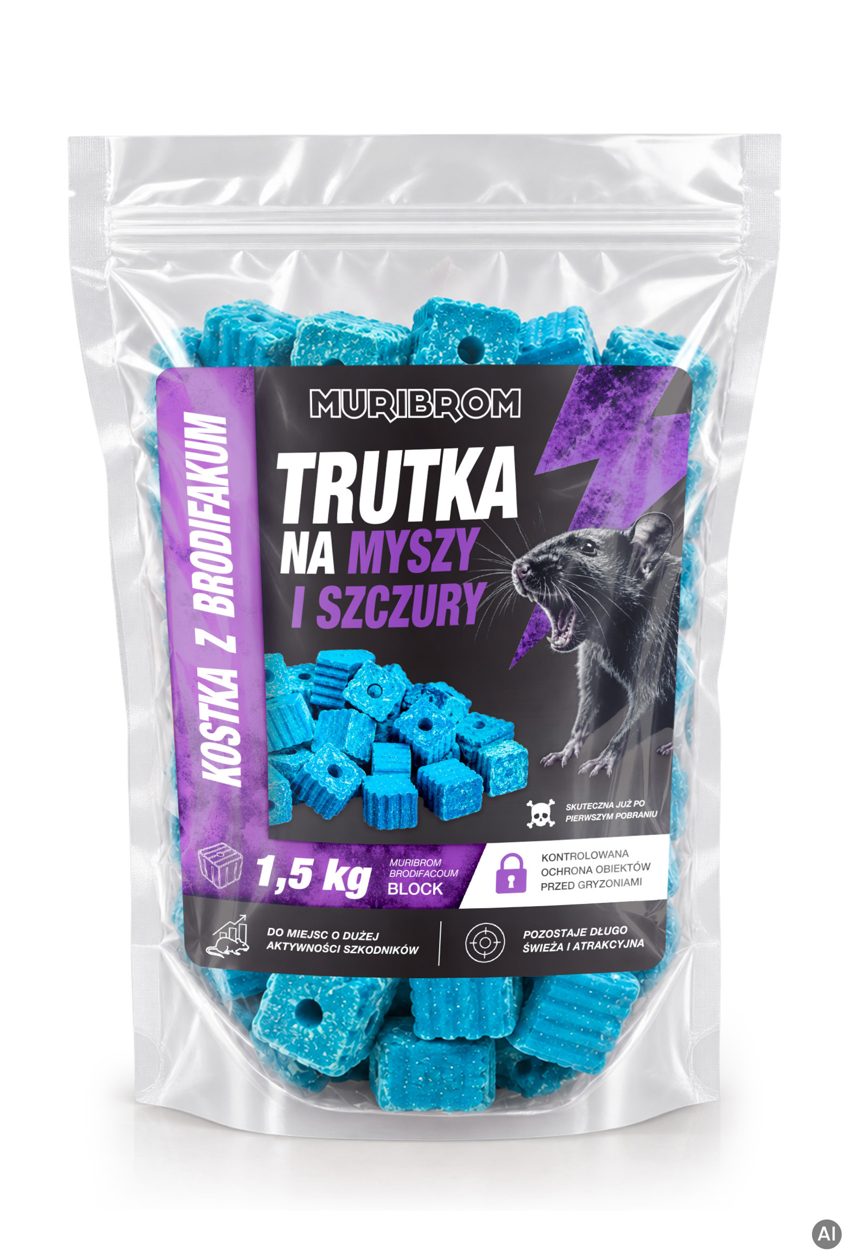 Przezroczyste opakowanie z trutką na myszy i szczury marki Muribrom o pojemności 1,5 kg. Wewnątrz worka widoczne są jaskrawoniebieskie, żłobione kostki z otworem.