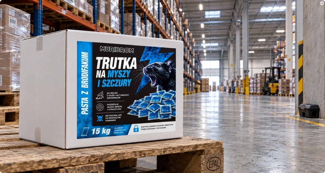 trutka na myszy i szczury muribrom 15 kg w kartonie oraz niebieskie saszetki pasty z brodifakum na podłodze hali magazynowej