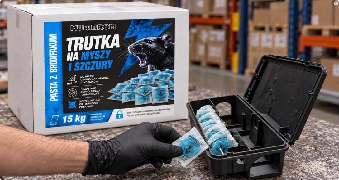 otwarty karton muribrom 15 kg wypełniony niebieskimi saszetkami pasty gryzoniobójczej na myszy i szczury z brodifakum