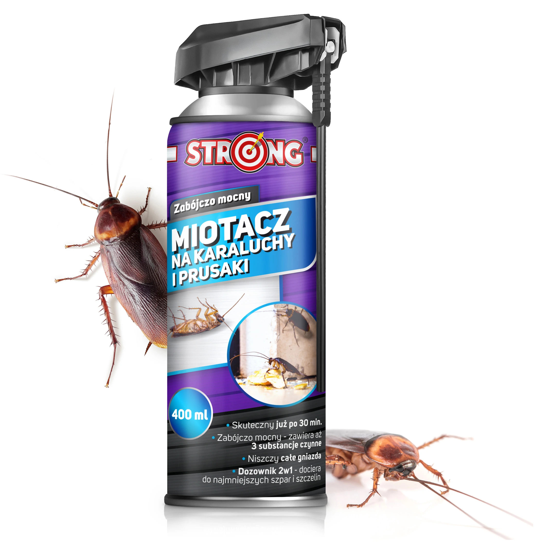 STRONG MIOTACZ 400 ml spray na karaluchy i prusaki – aerozol owadobójczy z precyzyjną dyszą, skuteczny preparat na prusaki i karaczany.
