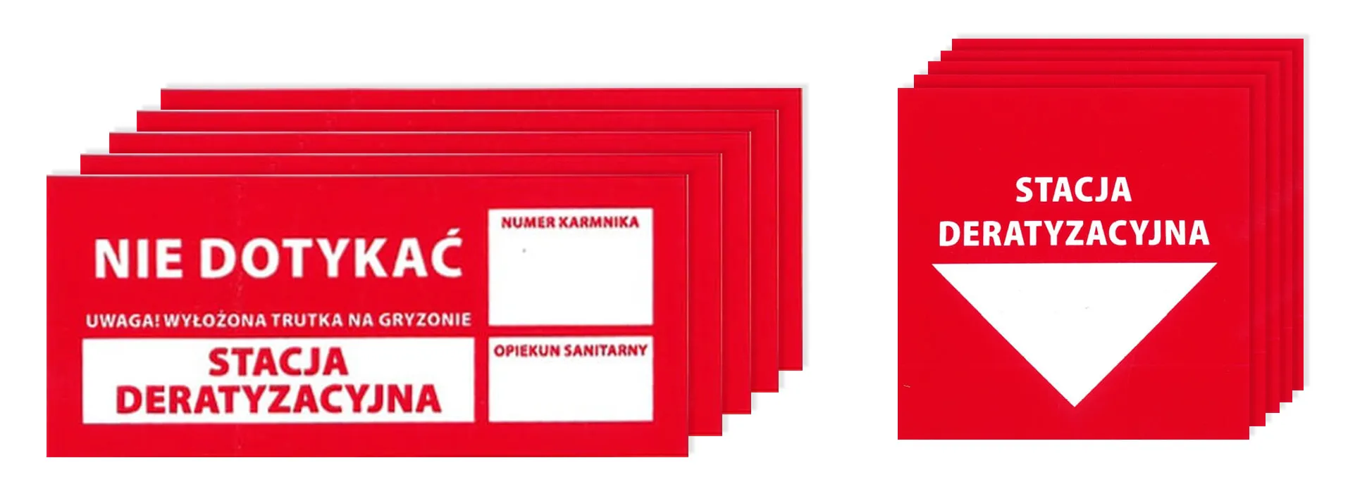 Etykieta ostrzegawcza w czerwonym kolorze z napisem „NIE DOTYKAĆ – UWAGA! WYŁOŻONA TRUTKA NA GRYZONIE – STACJA DERATYZACYJNA”, z miejscem na numer karmnika i dane opiekuna sanitarnego.