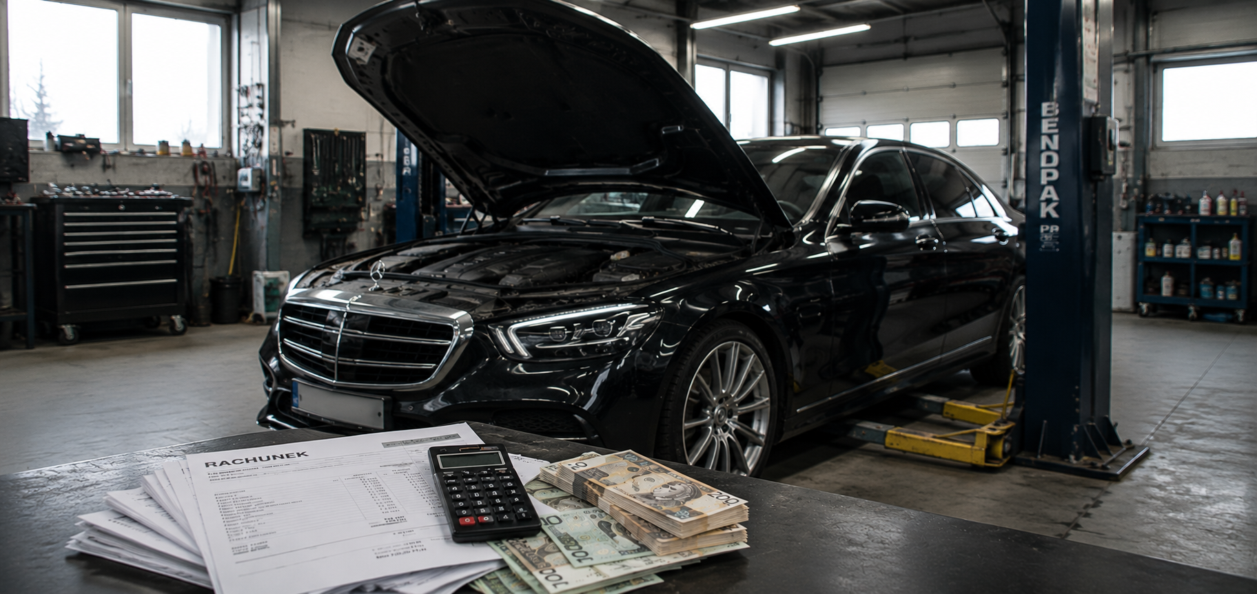 Luksusowy Mercedes na warsztacie samochodowym z otwartą maską oraz rachunkami za naprawę – wysokie koszty uszkodzeń samochodu przez kuny i przegryzione przewody pod maską.