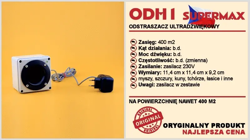 Baner reklamowy ultradźwiękowego odstraszacza ODH1 Supermax z zasilaczem, zasięg do 400 m², przeznaczony na kuny, myszy, szczury i inne gryzonie.