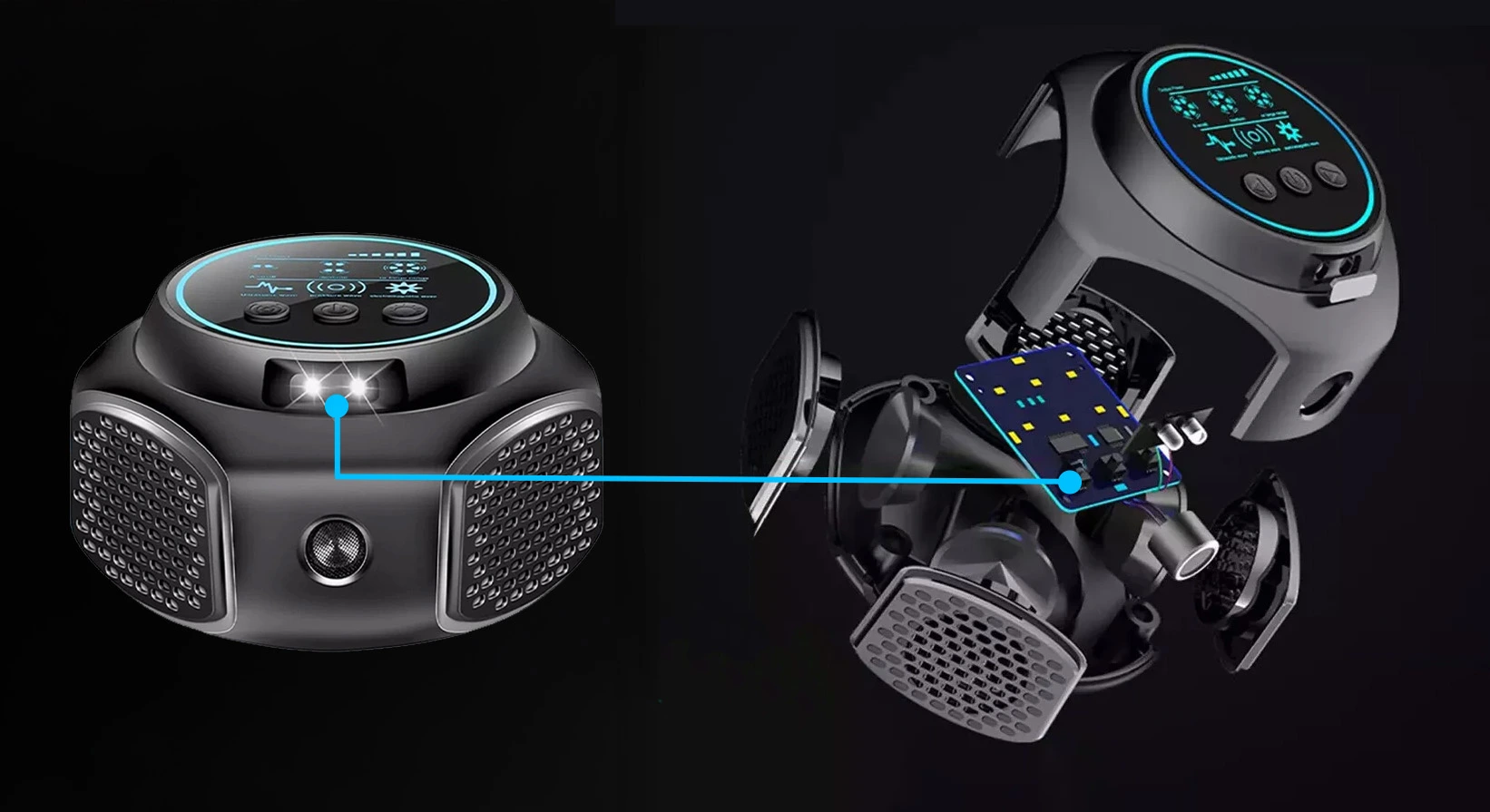 Elektroniczny odstraszacz gryzoni z dotykowym panelem i latarką LED, pokazany w całości oraz w przekroju z widoczną elektroniką i głośnikami ultradźwiękowymi.