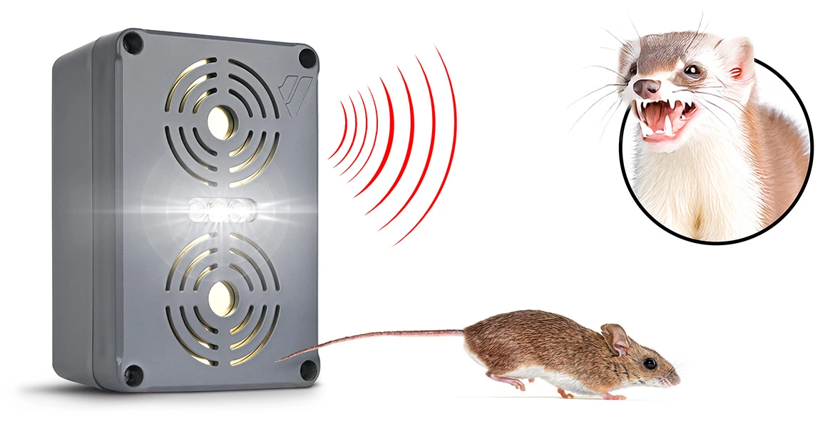 Srebrny odstraszacz gryzoni z dwoma emiterami ultradźwięków i diodami LED, emitujący fale dźwiękowe, odstraszający mysz i kunę.