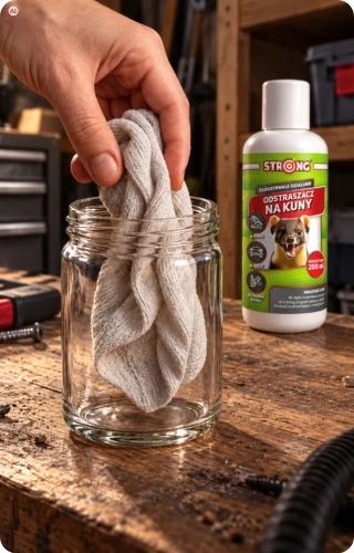 Umieszczanie nasączonej tkaniny w słoiku obok butelki odstraszacza na kuny STRONG 200 ml.