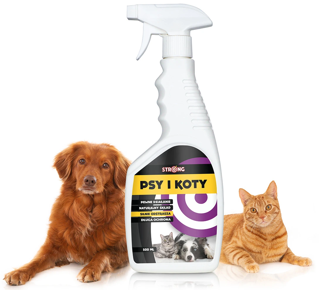 Spray Strong przeciw psom i kotom, butelka 500 ml z etykietą informującą o działaniu odstraszającym, obok rudego psa i kota.
