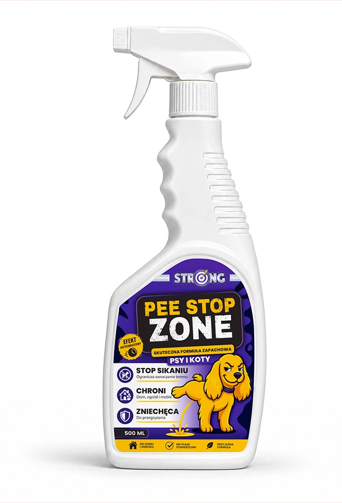 Strong Pee Stop Zone spray dla psów i kotów, biała butelka 500 ml z etykietą na białym tle.