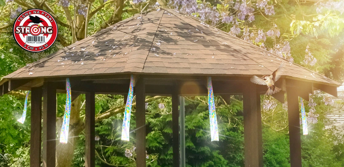 Taśma Strong 5 cm × 45 m odstrasza ptaki światłem i ruchem. Idealna do altan, balkonów i ogrodów. Skuteczna i łatwa w użyciu.