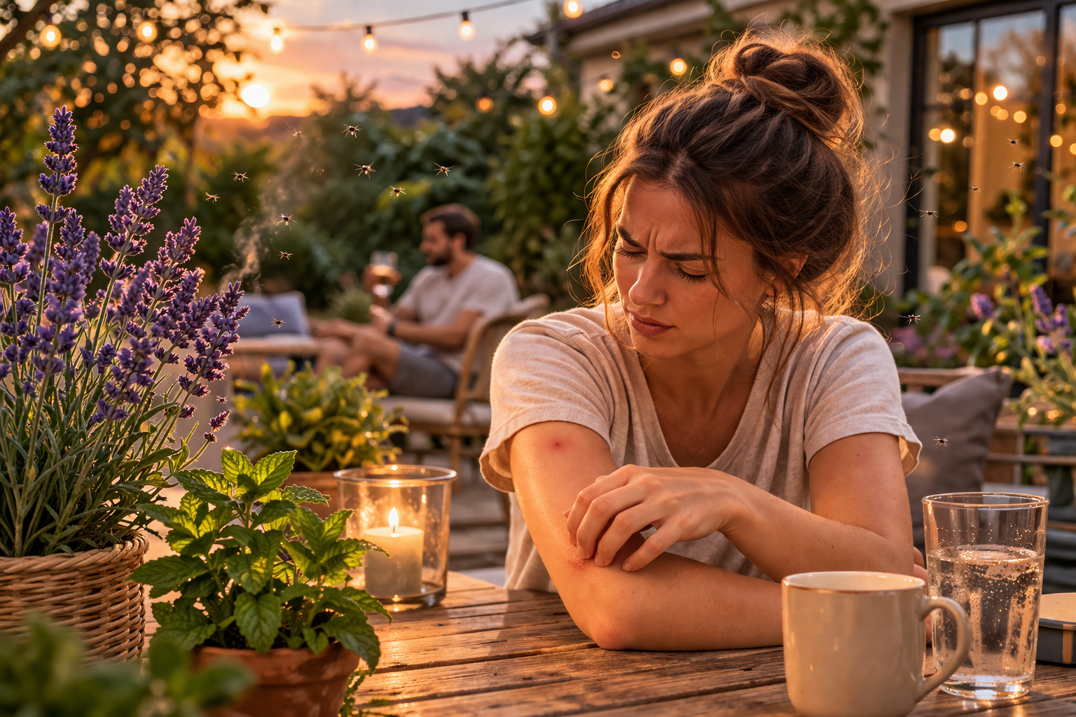 Kobieta drapiąca swędzące ukąszenia komarów na ręce podczas letniego wieczoru w ogrodzie.