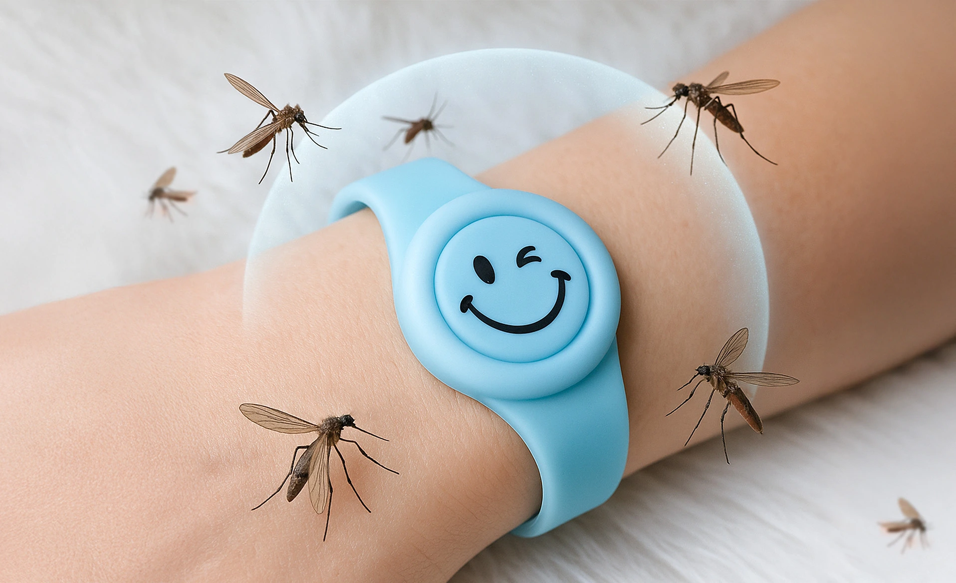 Na zdjęciu widoczna jest niebieska opaska przeciwko komarom na nadgarstku – tworzy barierę ochronną wokół ręki.