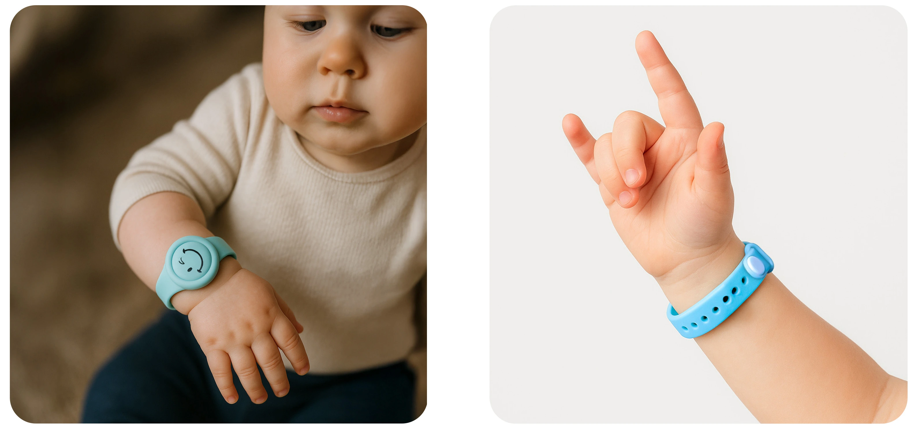 Dziecko z założoną opaską przeciw komarom – silikonową, w pastelowych kolorach, przeznaczoną do noszenia na nadgarstku.