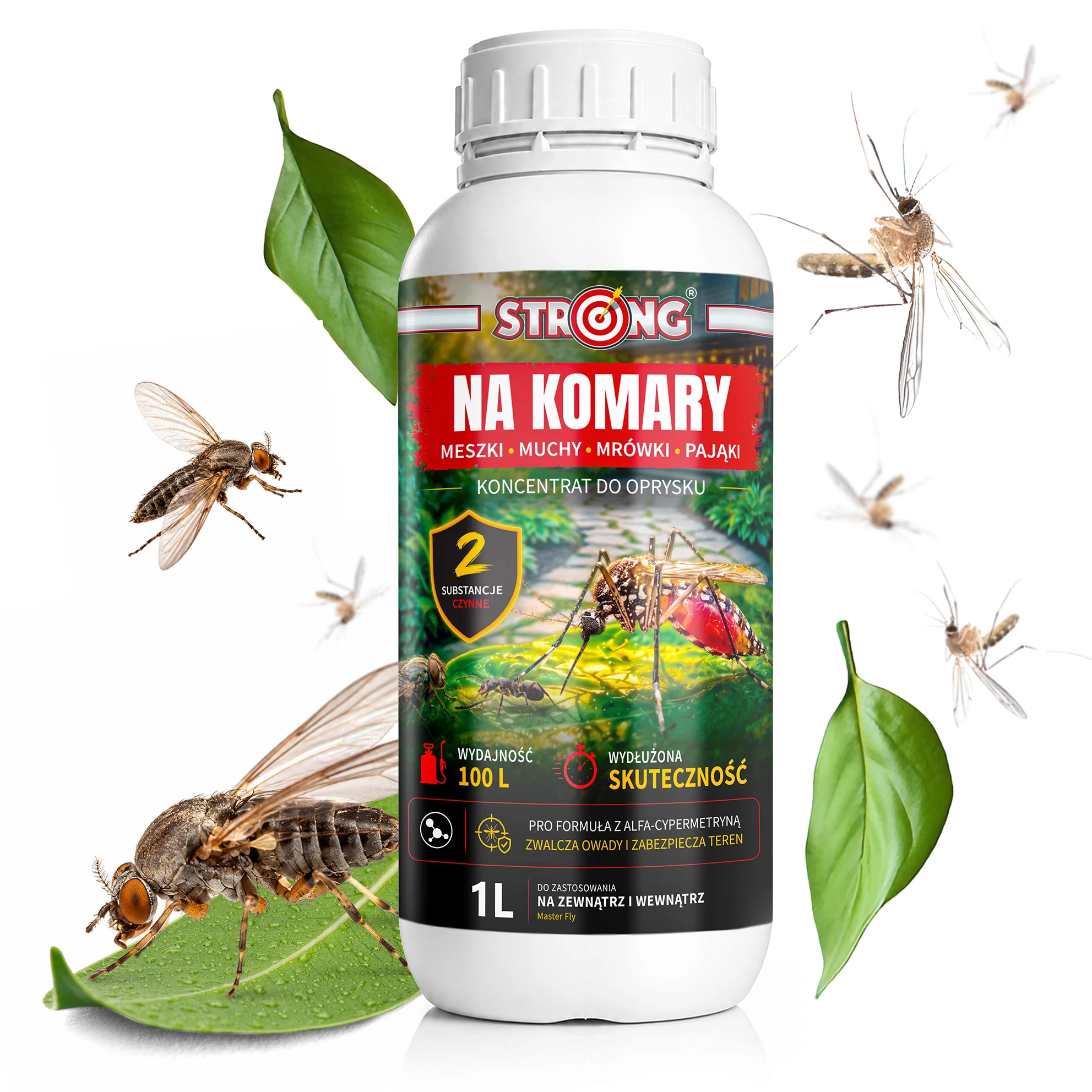 Koncentrat do oprysku na komary, meszki, muchy, mrówki i pająki w białej butelce, otoczony owadami i zielonymi liśćmi.