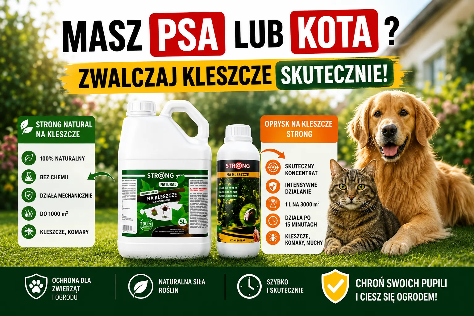 Oprysk na kleszcze i komary przy psach i kotach – STRONG NATURAL oraz koncentrat STRONG do ochrony ogrodu przed kleszczami i komarami