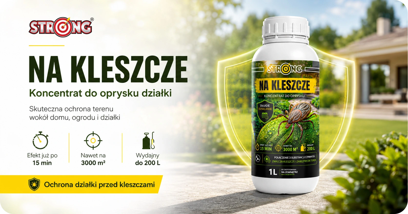 Baner Strong Na Kleszcze, koncentrat do oprysku działki z ochroną do 3000 m² i efektem po 15 min.