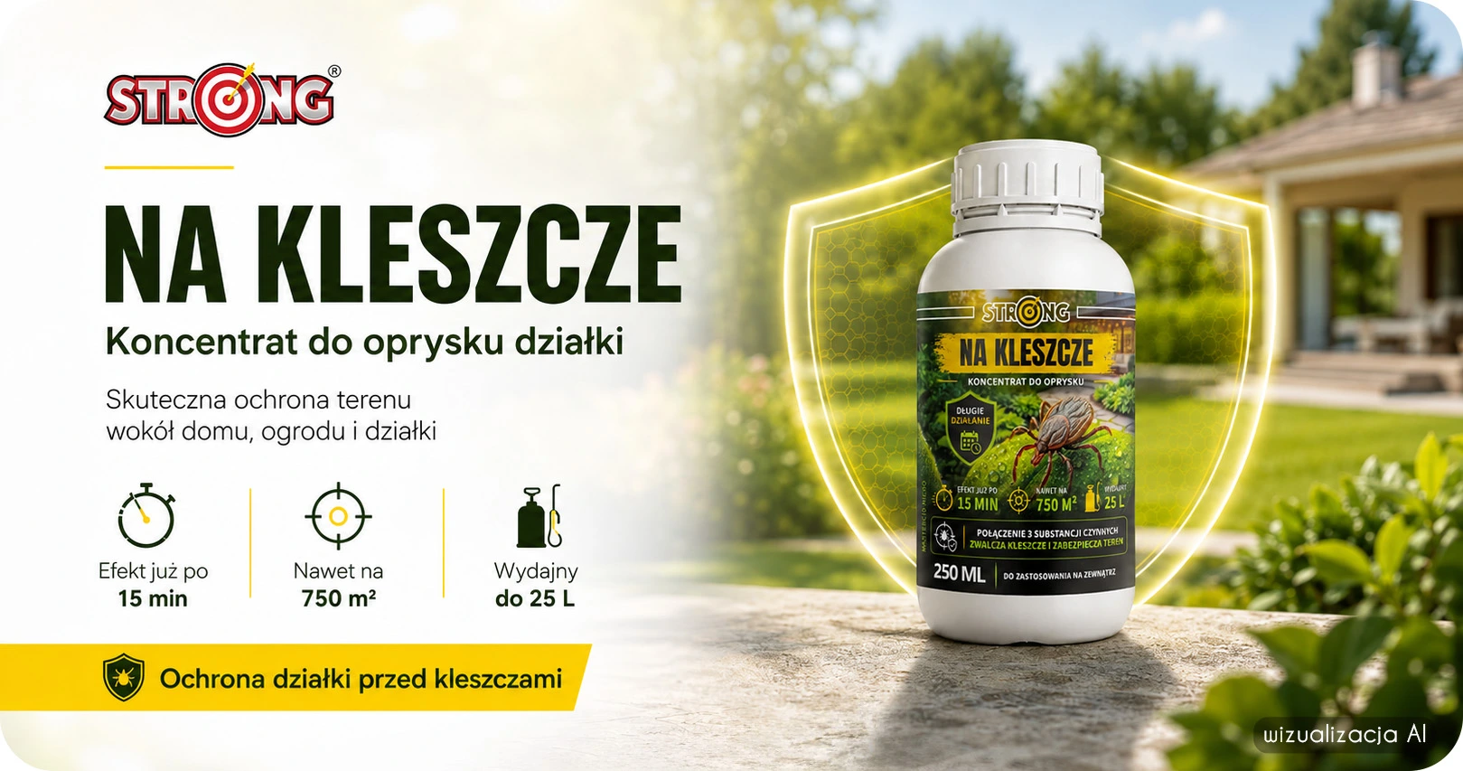 Baner Strong Na Kleszcze, koncentrat do oprysku działki z ochroną do 750 m² i efektem po 15 min.