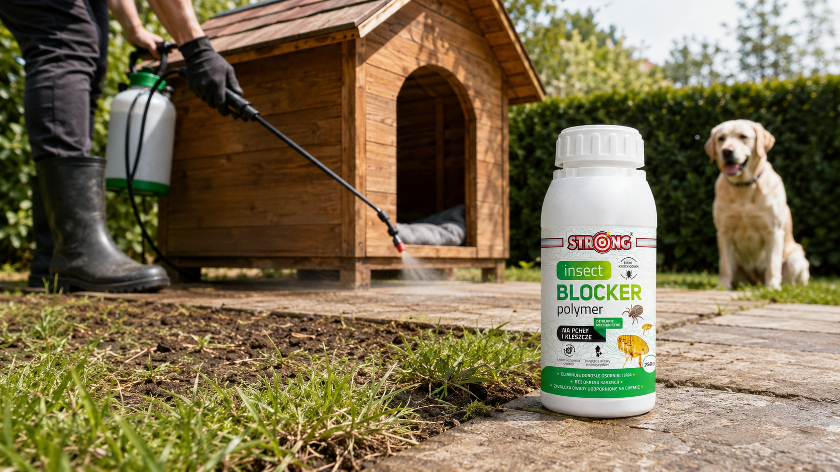 Oprysk wokół budy dla psa preparatem STRONG INSECT BLOCKER POLYMER na pchły i kleszcze z psem w tle
