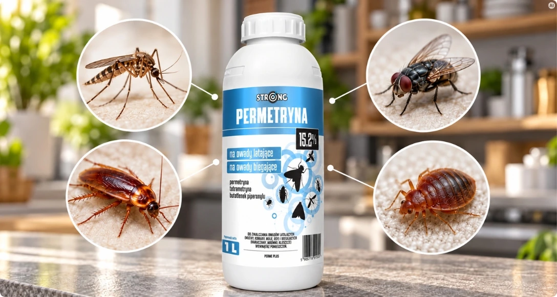 Butelka STRONG Permetryna 15,2% otoczona zbliżeniami czterech owadów: komara, muchy, karalucha i pluskwy.