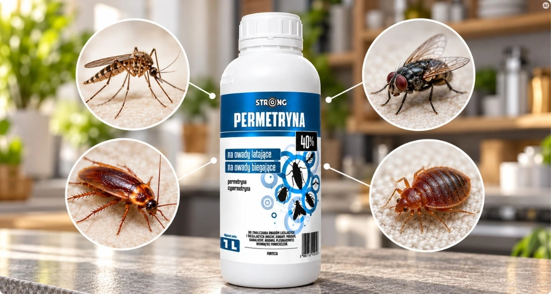 Butelka Strong Permetryna 40% 1 l otoczona zbliżeniami komara, muchy, karalucha i pluskwy.