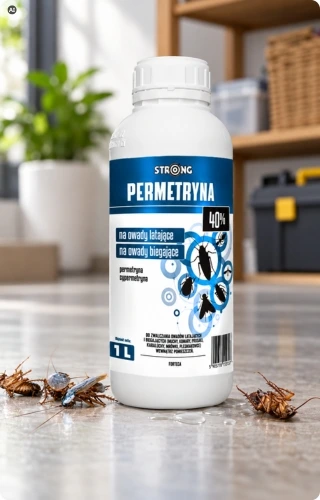 Butelka Strong Permetryna 40% 1 l na podłodze, obok martwe karaluchy i krople płynu.