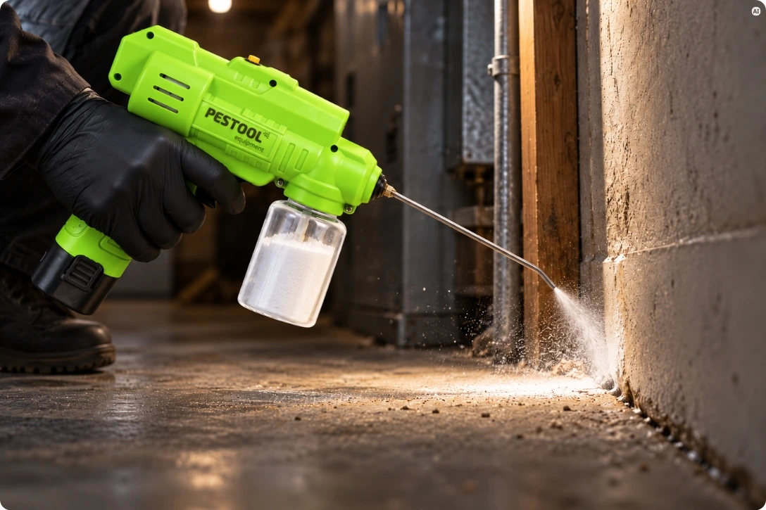 Bezprzewodowy opylacz elektryczny PestBlaster do aplikacji proszku owadobójczego w szczelinach i trudno dostępnych miejscach przy ścianie.
