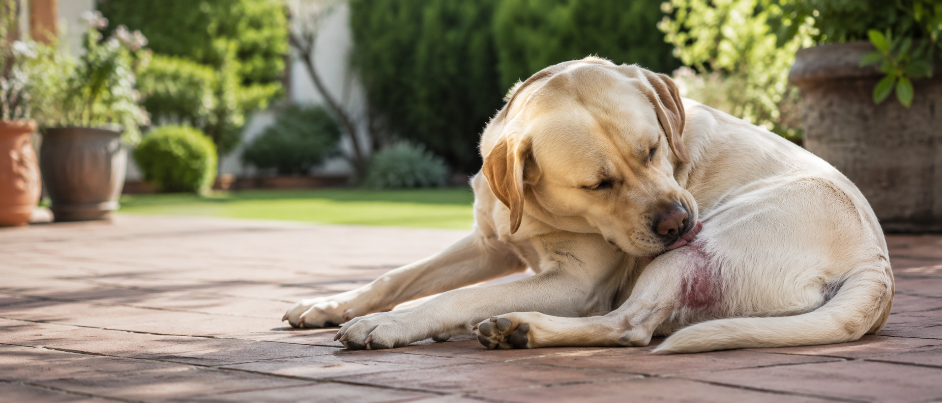 Labrador retriever liżący podrażnioną skórę na łapie podczas odpoczynku w ogrodzie po spacerze