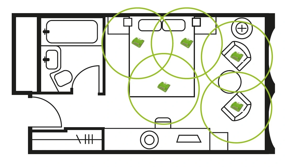 Schemat pokoju z zaznaczonymi miejscami rozmieszczenia pułapek na pluskwy i zasięgiem ich działania w formie zielonych okręgów.