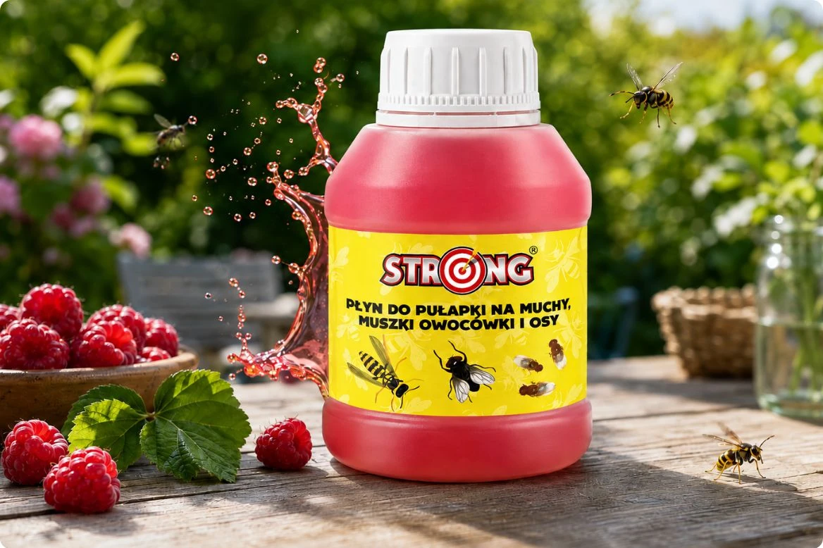 Płyn wabiący Strong do pułapek na muchy, muszki owocówki i osy 100 ml, prezentowany w ogrodzie obok malin.