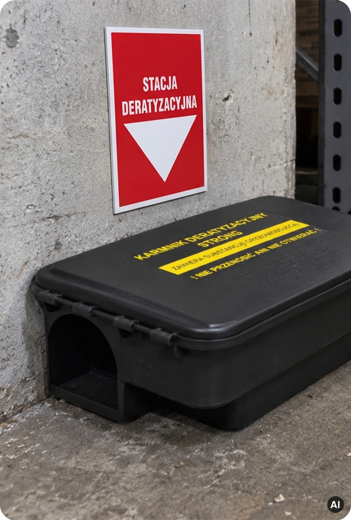 Otwarty czarny karmnik deratyzacyjny wypełniony niebieskimi saszetkami z trutką na gryzonie.