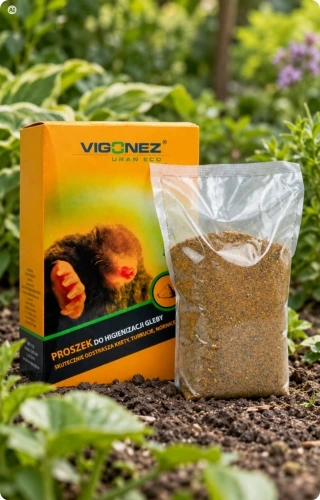 Opakowanie Vigonez Uran Eco i saszetka z proszkiem ustawione na ziemi w ogrodzie.