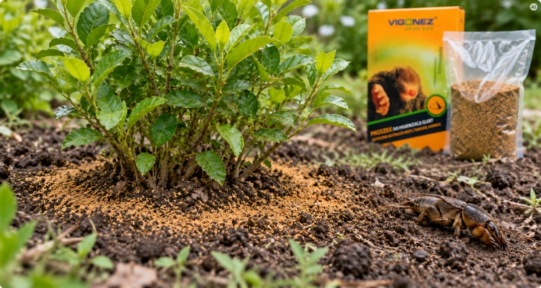 Proszek rozsypany wokół krzewu; w tle Vigonez Uran Eco, a obok rośliny turkuć podjadek.