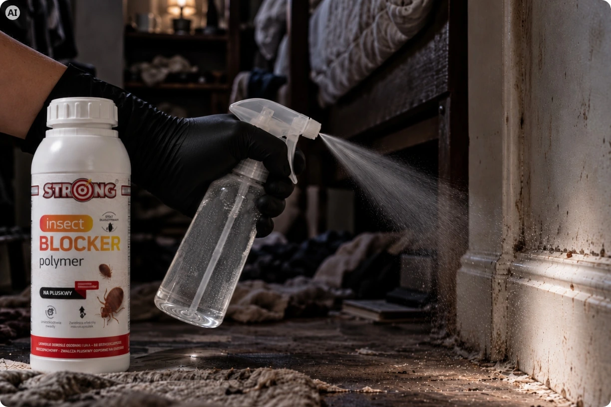 Preparat STRONG Insect Blocker Polymer na pluskwy obok osoby opryskującej zabrudzoną listwę przy łóżku.