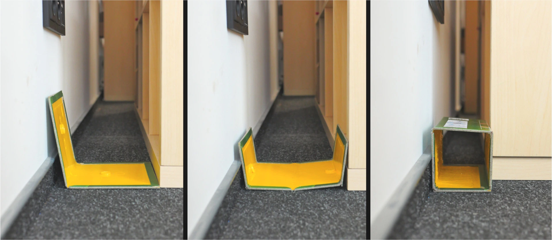 Trzy sposoby ustawienia pułapki klejowej: płasko, w kształcie litery L lub jako tunel – idealna do wąskich przestrzeni.